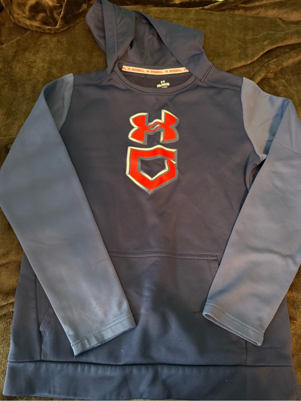 Under Armour Navy Hoodie with Light Blue Sleeves and Red Logo Shield